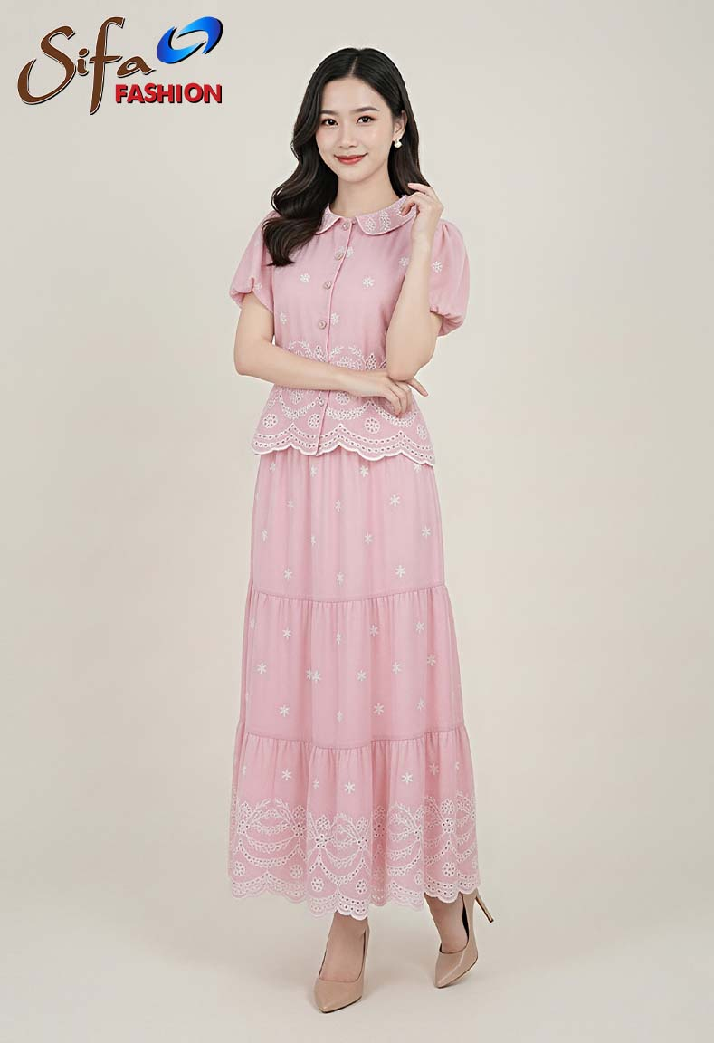 Bộ áo cổ lá sen váy xòe 3 tầng