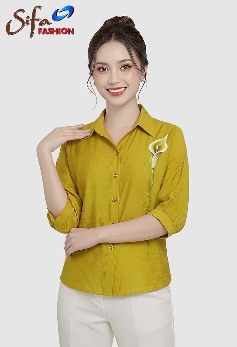 Áo cổ sơ mi tay ngắn nhún phồng