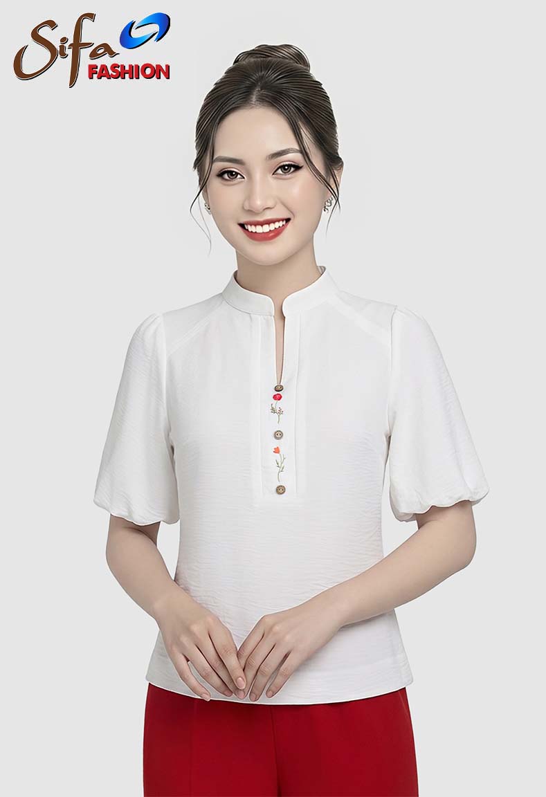 Áo sơ mi xẻ trụ tay phồng